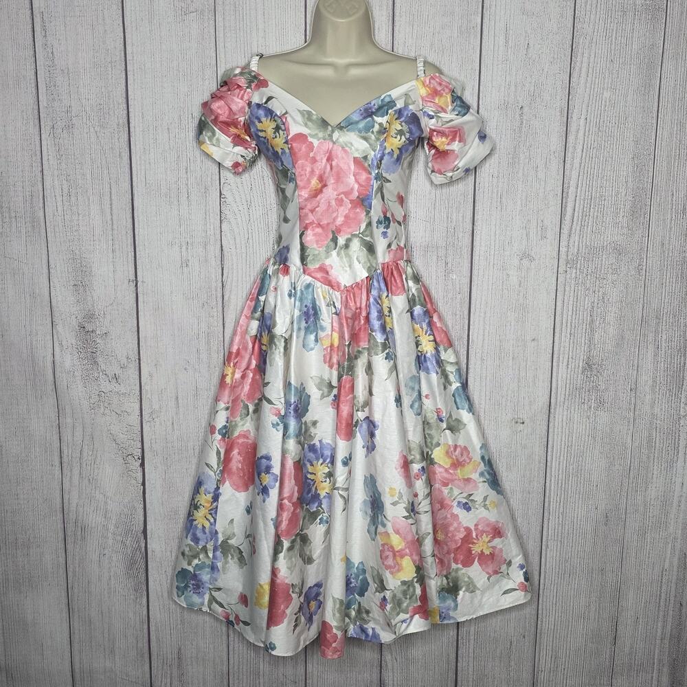 Vintage House of Bianchi Floral Garden Party Dress Puff Sleeve, Size XS